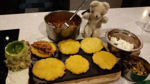 The feast is ready! That is an inverted lime topping the guacamole tower. The tomato salsa is hiding behind that tower.